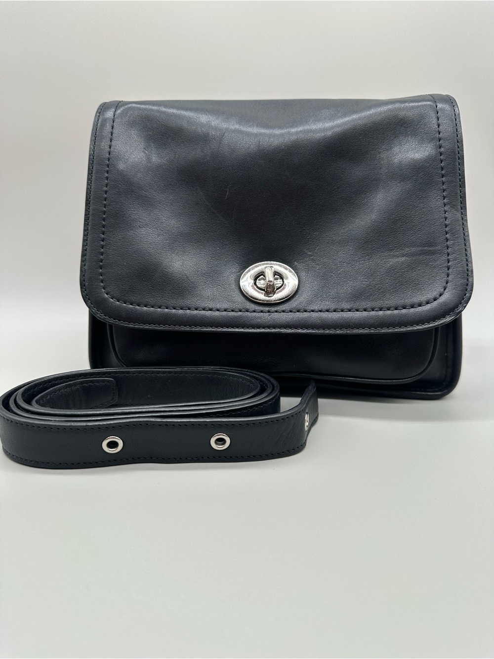 Coach Legacy Archive Rambler Black Leather Crossbody Bag with Silver Turnlock